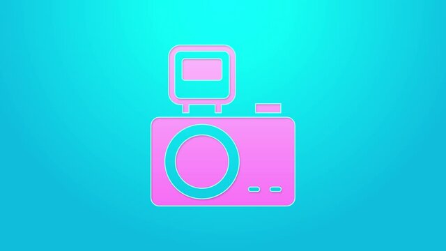 Pink line Photo camera with lighting flash icon isolated on blue background. Foto camera. Digital photography. 4K Video motion graphic animation