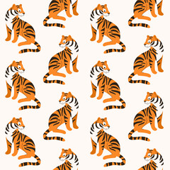 Seamless trendy animal pattern with tiger. Flat design print in cartoon style.