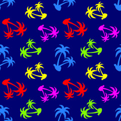 Fototapeta na wymiar Tropical seamless pattern with palm trees on blue background. Summer holidays. Vector illustration.