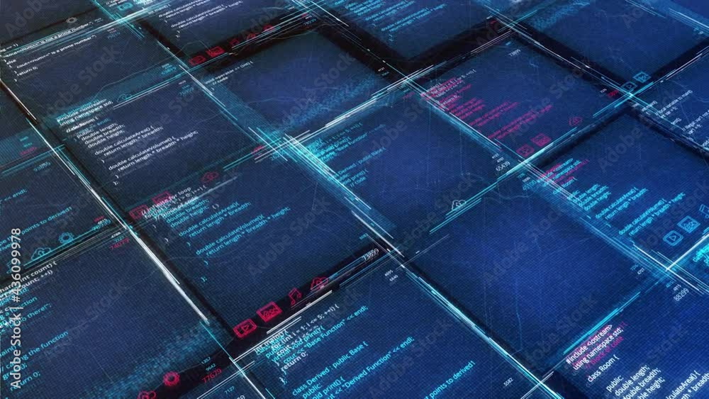 Poster structure of program interface in computer. animation. bright blue background with computer database