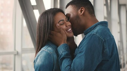 African American Husband Kissing Wife Standing With Suitcase In Airport
