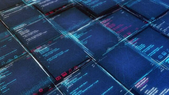 Structure of program interface in computer. Animation. Bright blue background with computer database in form of program codes. Software in table cells