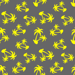 Fototapeta na wymiar Tropical seamless pattern with palm trees and pink flamingos on blue background. Summer holidays. Vector illustration.