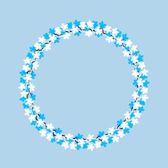Colorful flowers wreath. Delicate wreath of sakura branches. Flowers blossom hand drawn, circle frame of cyan and white colors flowers. Design for invitation, wedding invitation or greeting cards.