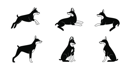 Cartoon dog icon set. Different poses of doberman. Vector illustration for prints, clothing, packaging, stickers.