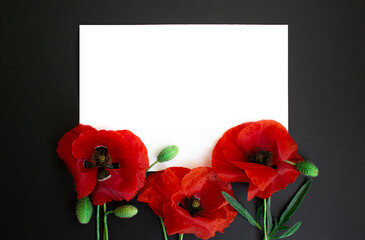 White blank card with red poppies flowers on black background, floral frame. Creative greeting