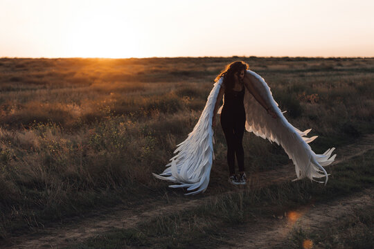A young beautiful girl in black clothes and with stylized former wings in the form of an angel or a demon at dawn or sunset in a field