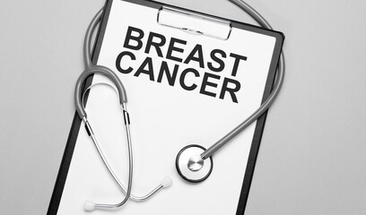 The words breast cancer is written on white paper on a grey background near a stethoscope. Medical concept