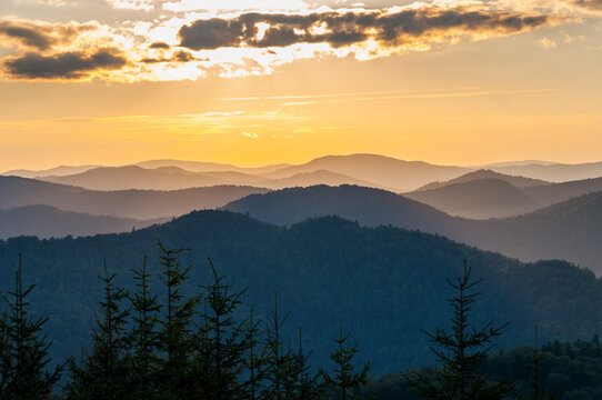 Sunset seen from Dwernik Kamień, multi-plan on the horizon, Bieszczady Mountains