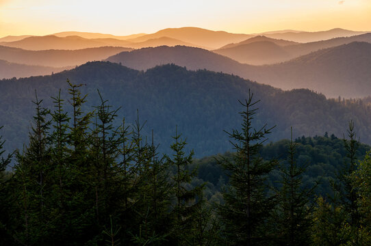 Sunset seen from Dwernik Kamień, multi-plan on the horizon, Bieszczady Mountains