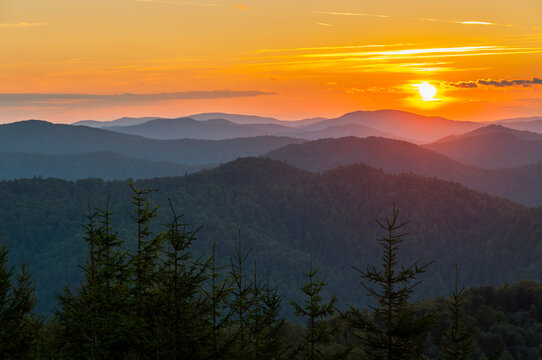 Sunset seen from Dwernik Kamień, multi-plan on the horizon, Bieszczady Mountains