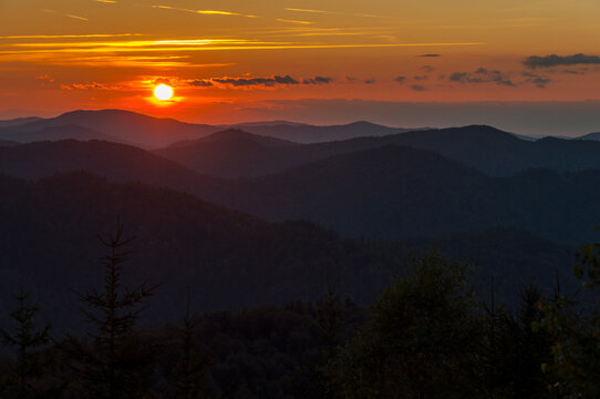 Sunset seen from Dwernik Kamień, multi-plan on the horizon, Bieszczady Mountains
