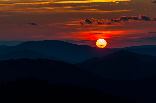 Sunset seen from Dwernik Kamień, multi-plan on the horizon, Bieszczady Mountains