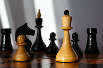 Wooden chess pieces on a chessboard. The white queen is in the foreground. International Chess Day