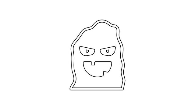 Black line Funny and scary ghost mask for Halloween icon isolated on white background. Happy Halloween party. 4K Video motion graphic animation