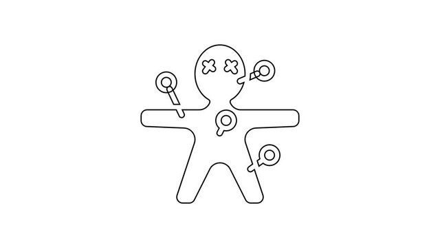 Black line Voodoo doll icon isolated on white background. Happy Halloween party. 4K Video motion graphic animation