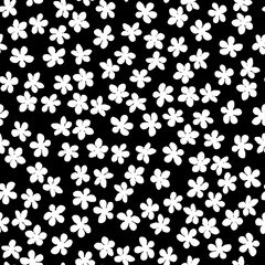 Fototapeta na wymiar Seamless pattern with blossoming Japanese cherry sakura for fabric, packaging, wallpaper, textile decor, design, invitations, print, gift wrap, manufacturing. White flowers on black background.