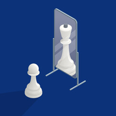 Isometric megalomania concept. The pawn sees itself in the mirror as a queen. Vanity, selfishness - obrazy, fototapety, plakaty