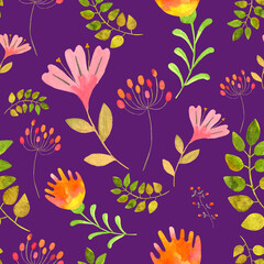 Flowers pattern. Watercolor seamless texture on violet background. Print for scrapbook paper, wrapping, textile, notebook covers.