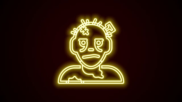 Glowing neon line Zombie mask icon isolated on black background. Happy Halloween party. 4K Video motion graphic animation