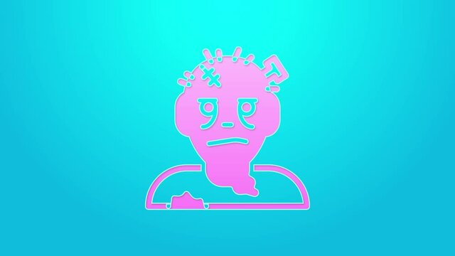 Pink line Zombie mask icon isolated on blue background. Happy Halloween party. 4K Video motion graphic animation