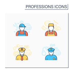 Professions color icons set. Taxi driver, policeman, auto mechanic, butcher. Various professions. Important jobs. Career concept. Isolated vector illustrations