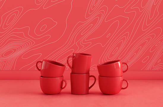 Single Red Color Coffee Mugs Stacked On Top Of Each Other On Flat, Monochrome Red Color Kitchen Counter, Front View And Close-up, 3d Rendering, No People