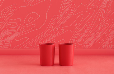 Obraz premium Two red color water glasses side by side on monochrome red color front view kitchen counter top with faience mosaic tessellated wall, 3d Rendering, close-up view