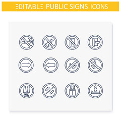 Public place signs line icons set.Clear and informative signage. Outdoor and indoor use. Universal public building signs concept. Isolated vector illustrations. Editable stroke