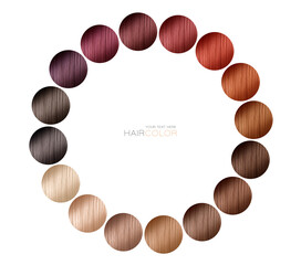 Circular palette of swatches of a range of hair colors. Color chart for hairdresser. Tints. Hair colours set.