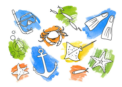 Snorkeling set.  Mask, flippers, Tube, Anchor, Fish, Starfish, Stingray and Crab. Underwater Life. Drawing  Black ink and Watercolor Colorful Spots isolated on White Background.