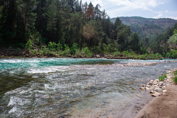 Fast river with rapids high in the mountains