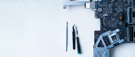 Computer motherboard electronic repair. Hardware service technology from technician engineer man. Maintenance pc equipment.