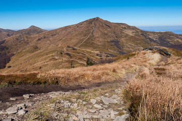 Panorama from the Rozsypaniec summit to the peaks of Tarnica, Halicz, Bukowe Berdko, Krzemien, Polonina Carynska, Kopa Bukowska, Bieszczady Mountains, Wołosate