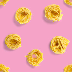 Seamless pattern from Italian tagliatelle pasta. raw pasta fettuccine, pop art background, flat lay. Italian raw nest pasta isolated on white.