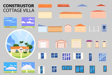 Conctructor villa elements, door, windows, walls, roof. Set creator architecture real estate, build cottage, vector illustration