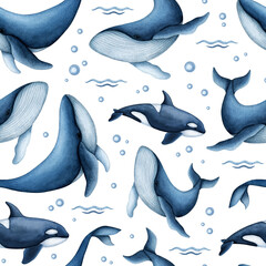 Watercolor Blue Whale and Orca (Killer Whale) seamless pattern. Hand drawn Sea Life illustration. Wild Underwater mammal Animals. Marine background for kids design print textile, fabric, scrapbooking