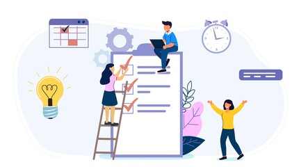 Check list with done mard Successful completion of business tasks Flat vector illustration Questionnaire survey for people to give answer Business organization and achievements of goals