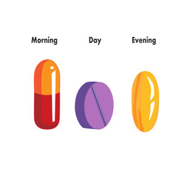 A set of round tablets and capsules of different colors. Pill intake table, infographic for your design. Vector illustration.