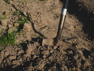 metal shovel in the ground in the garden in the spring garden during agricultural work