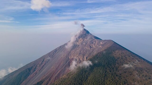 Aerial Time lapse of Fuego Volcano during a eruption with fumarole. Guatemala