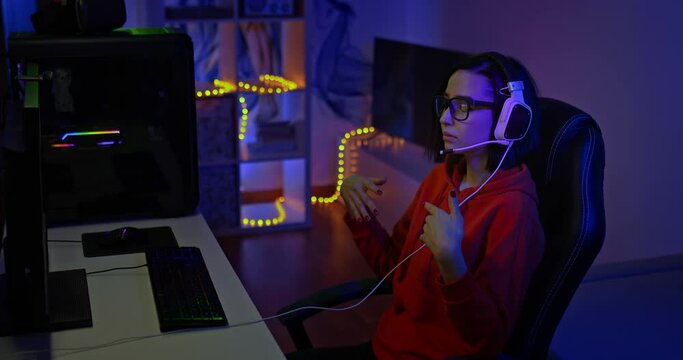 Female vlogger is broadcasting online in a dark room, gesturing and talking. Vlogger with glasses and headphones is holding a conference, she is looking at a computer monitor. 4k, ProRes