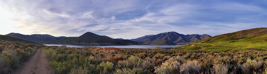 Deer Creek Reservoir Dam Trailhead hiking trail  Panoramic Landscape views by Heber, Wasatch Front Rocky Mountains. Utah, United States, USA. © Jeremy