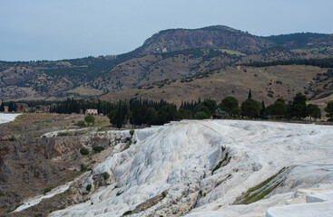 Carbonate mineral cliff with calcite-laden waters in Hierapolis Pamukkale in Turkey