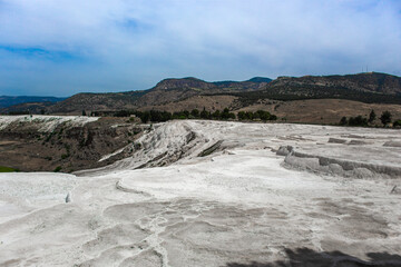 Carbonate mineral cliff with calcite-laden waters in Hierapolis Pamukkale in Turkey