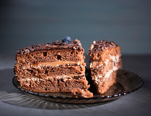 slice of chocolate cake with blueberries on top on gray background