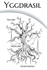 black and white illustration of Yggdrasil world tree from scandinavian mythology - obrazy, fototapety, plakaty