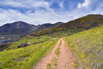 Deer Creek Reservoir Dam Trailhead hiking trail  Panoramic Landscape views by Heber, Wasatch Front Rocky Mountains. Utah, United States, USA.