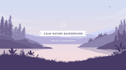 Calm nature background vector illustration - Landscape with lake, trees and mountains in the distance. Relaxing nature concept.