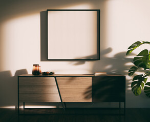 Mockup frame in simple retro interior. Strong shadows of the rising sun. 3D render. 3D illustration.